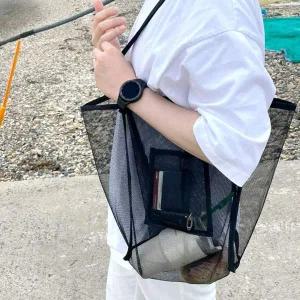 더블 메쉬 숄더백 블랙 망사 비치백 물놀이가방 모래