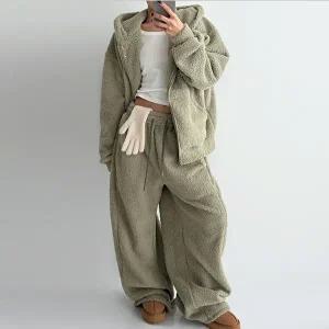 [옷자락]여자 겨울 양털 투웨이 후드집업 루즈 와이드팬츠 세트
