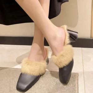 여성 털 펌프스 퍼 털구두 미들힐 겨울 스퀘어 2컬러