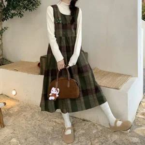 ( )A라인 여성 겨울 레이어드 민소매 원피스 그린