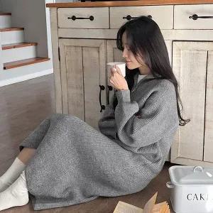 핫핑 [하찌짜임/도톰따뜻] 요미 루즈핏 반집업 니트롱원피스