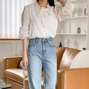 여자 프릴 타이 퍼프 흰색 면 블라우스