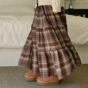 핫핑 [코지무드] 오브젠 캉캉 체크 기모 플레어 롱스커트