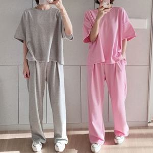 여성 면 무지 반팔 티셔츠 핀턱 와이드팬츠 트레이닝 세트 투피스 츄리닝 셋업 -WPST0408- 여름