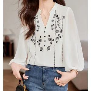[하프클럽/패션]플라워자수패턴 브이컷팅넥 블라우스 258C3AA5