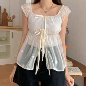 여자 프릴나시 리본 비침 귀여운 블라우스