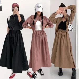 여성 바스락 나일론 바람막이 집업 자켓 밴딩 롱 스커트 세트 -WSST0029- 봄 가을