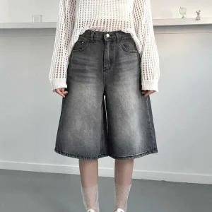 여자 회색 버뮤다팬츠 캣워싱 통와이드 5부 청반바지_3