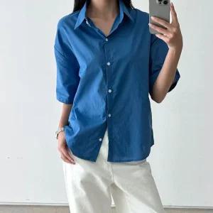 여자 워터밤 파랑색남방 여름 코튼 반팔 셔츠_3