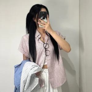 여성 체크 반팔 셔츠 루즈핏 여름 롤업 남방 3color 시원한 빈티지 오버핏 소라 핑크 화이트