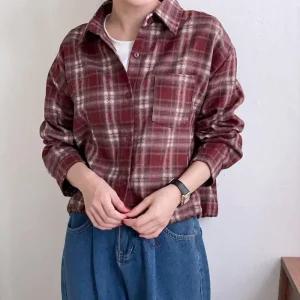 여자 스트링 크롭 박스핏 체크남방 도톰면 셔츠