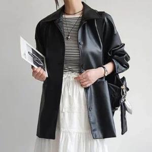 여성 오버핏 라이더자켓 가죽 카라넥 적당한 광택 캐주얼 아우터 힙한 스타일링 패션 한스타일링 블랙 가을