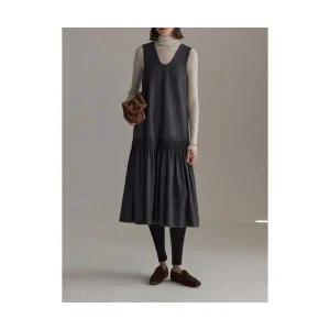 여성 데일룩 원피스 민소매 핸드메이드 터크 트윌 믹스 브이넥 나시 스커트 A라인 슬림핏 겨울 DAOL4