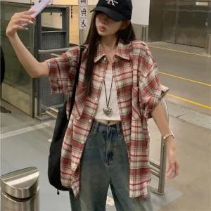 체크 캐주얼 패턴 루즈핏 네모 카라 가디건 셔츠 오픈 반팔 데일리