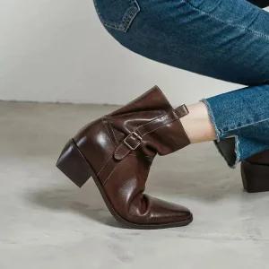 엘럽 여성용 워커힐 워싱 소가죽 워커 가을 겨울 빈티지 통굽 웨스턴 데님 부츠 박템4