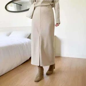 [옷자락]여성 겨울 모직 앞트임 H라인 출근룩 롱 스커트_P412869917