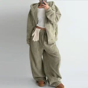 [옷자락]여자 겨울 양털 투웨이 후드집업 루즈 와이드팬츠 세트_P412905943