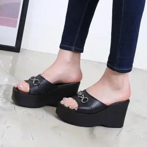 [피커]국내제작 큐빅 체인 통굽 웨지통굽 웨지슬리퍼 여성