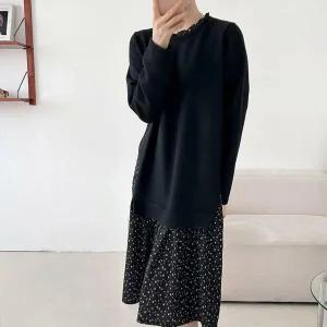 여자 프릴넥 꽃무늬 검정 큰사이즈 기모원피스 롱원피스