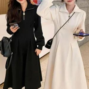 여성 카라 A라인 하객룩 지퍼 롱원피스 니트롱 가을 원피스 롱 봄 오피스룩 체크 프릴