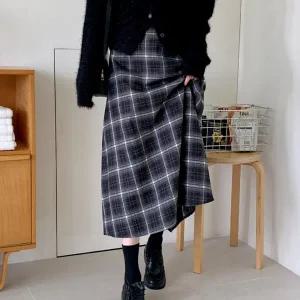 여자 겨울 모직 빈티지 체크 A라인 뒷밴딩 롱스커트