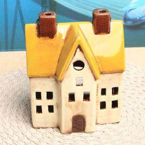 유럽풍 미니하우스 캔들홀더 장식소품 노랑지붕 도자기소품 소품인형 인테리어소품