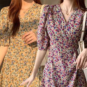 유화 패턴 랩 브이넥 원피스 여름 플라워 프린팅 v 넥 5부소매 반팔 쉬폰 미니 정장