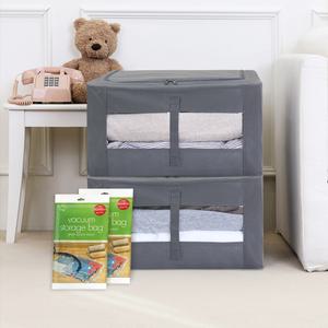 패브릭 와이어 리빙박스 정리 수납함 56L*2P+진공 압축팩 중형2P