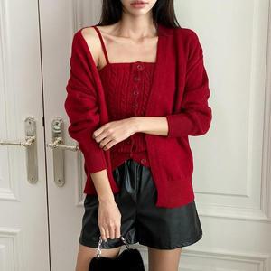 여자 꽈배기 니트 뷔스티에 가디건 울니트 세트