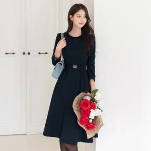 [시크라인] (~XXL까지) 플래너건 프린지 트리밍 벨티드 플레어 원피스 솔리드 겨울 하객룩 오피스룩 격식룩 데이트룩