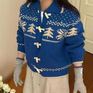 여자 윈터 노르딕 패턴 떡볶이 단추 크롭 니트 가디건