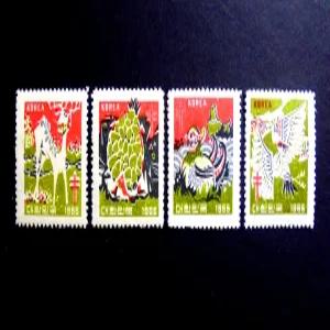1965년 크리스마스 씰 우표(사슴 거북 원앙 학) 4종 풀세트
