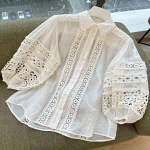 펀칭 블라우스 칠부 셔츠 여성 여름 레이스 퍼프 루즈핏