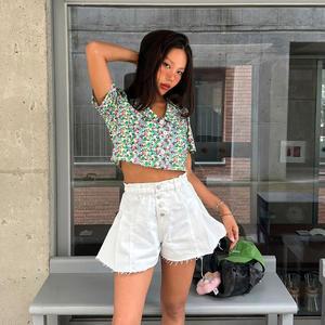 여자 핀턱 단추 넓은 하이웨이스트 흰색 반바지