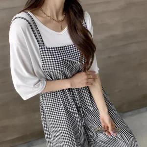 여성용 체크 패턴 허리 조절 와이드 점프수트
