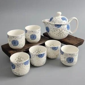 청화백자 투각 태양화 다관+잔6 다기세트 경덕진 다도 중국다기 경덕진다기 찻잔세트 백자다기