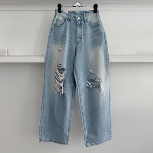 여성 연청 와이드핏 찢어진 구제 데님팬츠