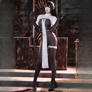 할로윈 섹시 원피스 수녀 코스프레 클럽 의상 세트 옷