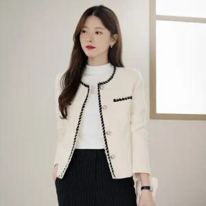 [시크라인] (~XXL까지) 쏠렌트 배색 트리밍 트위드 자켓 가을 하객룩 오피스룩 모임룩 격식룩 빅사이즈