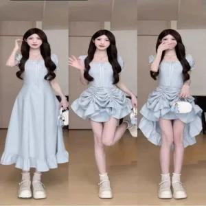 데일리 하늘색 스퀘어넥 화려한 퍼프 반팔 미디 롱