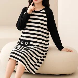 TLB 스트라이프 여성 100% 순면 긴팔 원피스 잠옷 브라패드 일체형 홈웨어