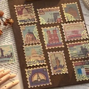 빈티지 금박 우표 스티커 팩 북 20장 세트 [대용량 6종 꽃 드로잉 영문 엽서 티켓 다꾸 데코  조각 화