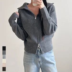 여성 집업 니트 가디건 카라 2way 지퍼 가을 겨울 간절기 데일리룩 빅사이즈 블랙 그레이 화이트 브라운