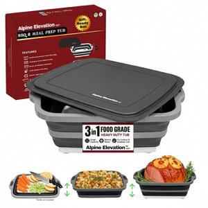 접이식 대형 (8L) 바비큐 마리네이팅 욕조 (도마 포함) | 다용도 식품 등급 TPE 준비 (뚜껑 내장형 소쿠리 & 배수 플러그 - 캠핑용 테일게이트 피크닉 슬레이트 블랙