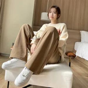 여성 와이드 밴딩 골덴 팬츠 코듀로이 줄지 플리츠 트레이닝 추리닝바지