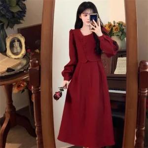 율랑팡 여성 롱 빅사이즈 슬림핏 빈티지 레드 원피스 가을 겨울 건배 드레스 스커트 힛템
