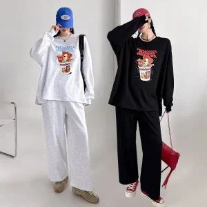 여성 99까지 면 프린팅 긴팔 롱 티셔츠 와이드팬츠 트레이닝 세트 츄리닝 꾸안꾸 셋업 -WPST0413- 봄 가을