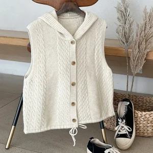 여성 간절기 앞단추 밑단조절 레이어드 후드 니트 조끼 JR-WVS-3745-연베이지