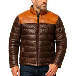 RABCHI 남성용 투톤 디스트레스 램스킨 가죽 패딩 재킷 - 퀼트 다운 코트, 지퍼 업, 경량 및 스타일리시