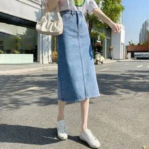 [하프클럽/]데님 롱 청치마 절개라인 깔끔한 데일리 스커트 다리가 길어 보
